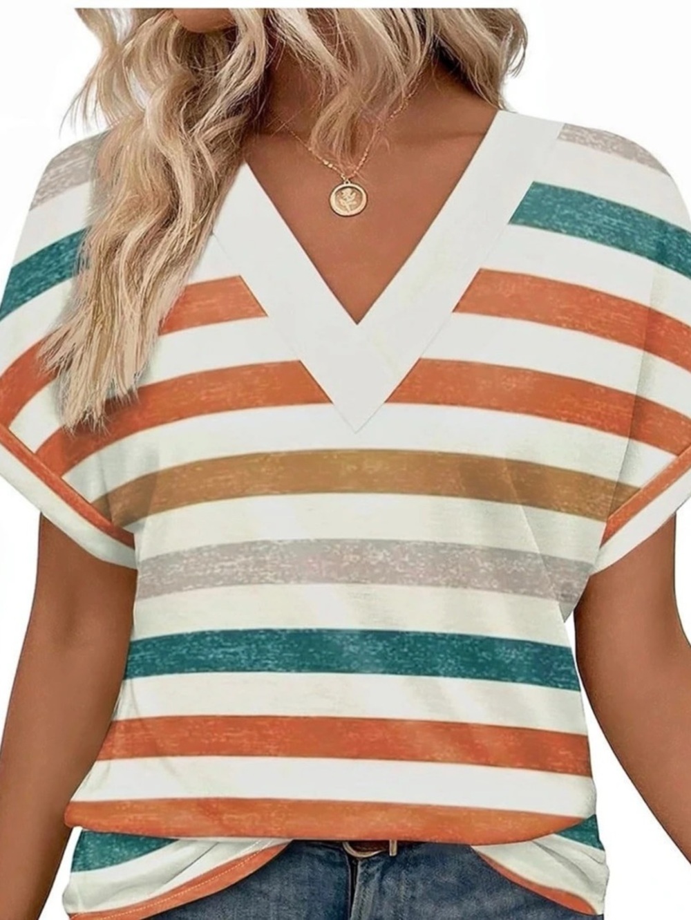 Striped V-Neck Short Sleeve Top in White & Green